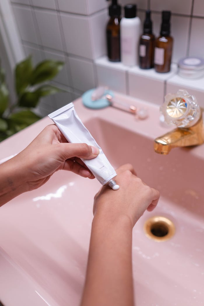 A person applying hand cream in a stylish bathroom setting with pink sink and modern fixtures.